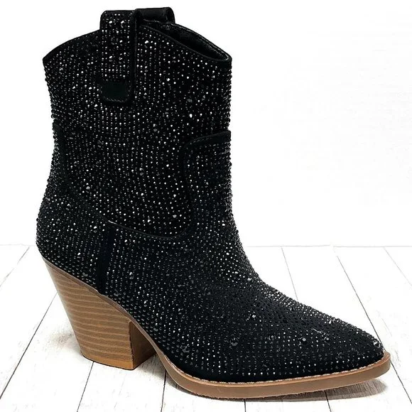 New Black Rhinestone Cowboy Ankle Boots Western Booties - Picture 4 of 8